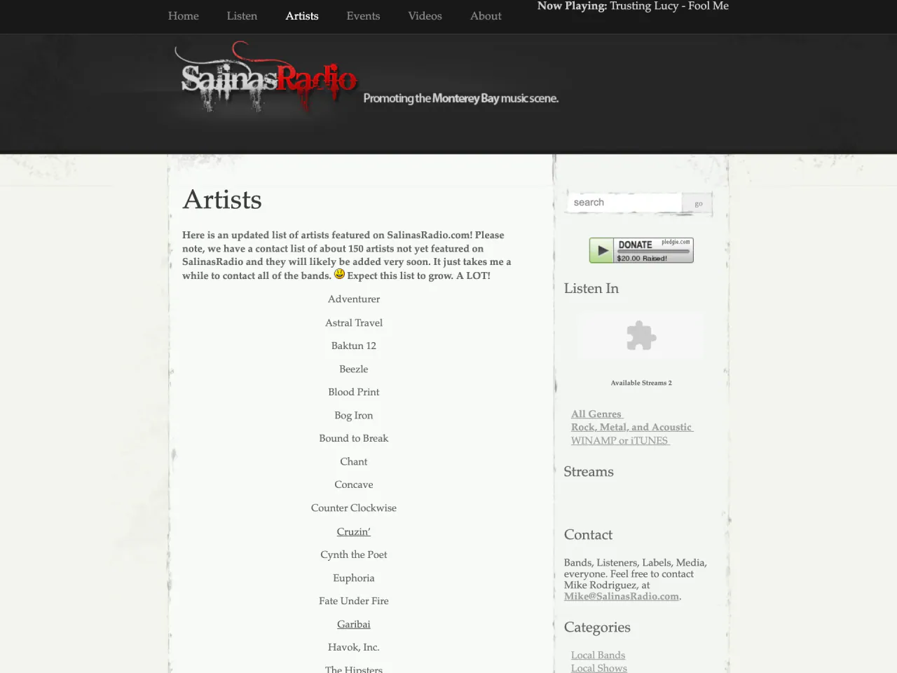Archived capture of the SalinasRadio Artists page listing local acts