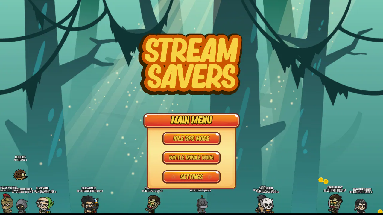 StreamSavers forest main menu with Idle RPG, Battle Royale and Settings buttons, characters and coins