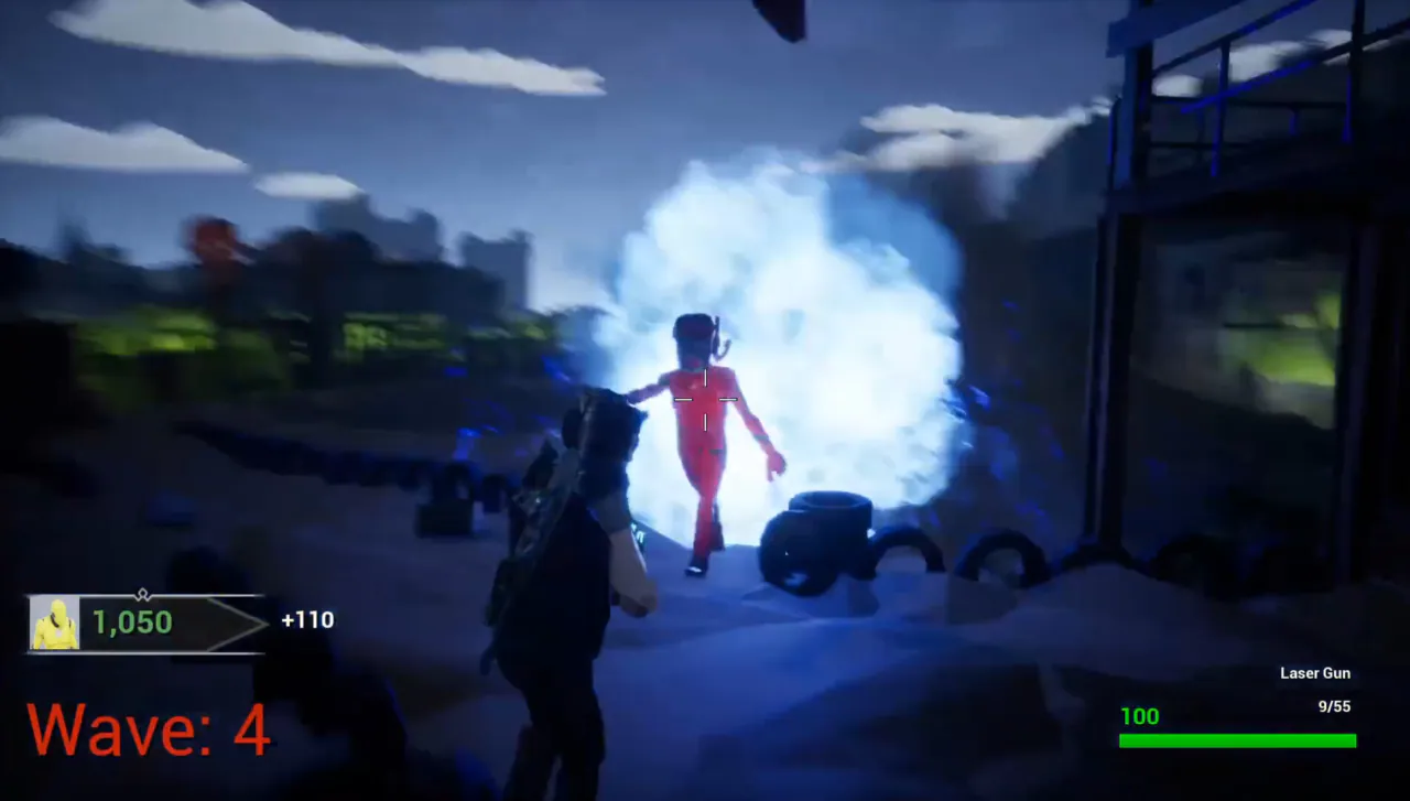 A red zombie lit by a blue laser blast among stacked tyres, wave 4, with the laser gun equipped