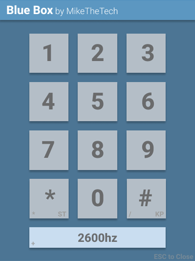 Blue Box keypad window with digits, ST and KP keys and a 2600 Hz button