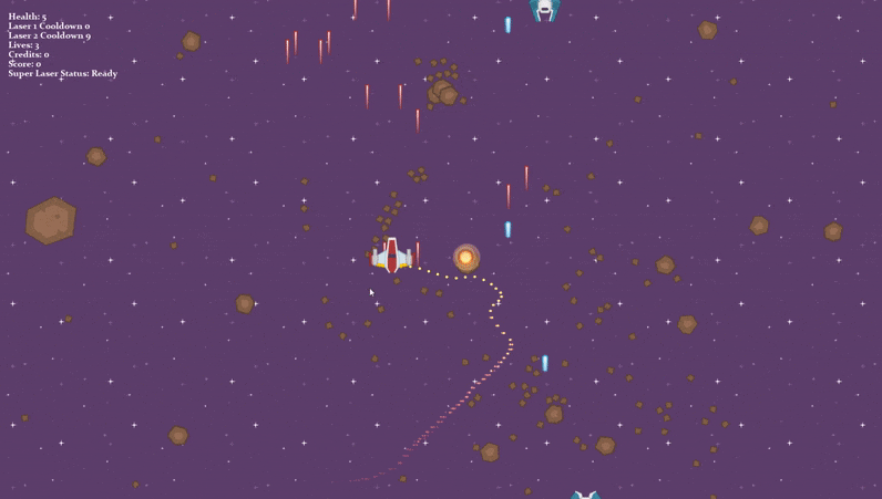 Top-down space shooter gameplay with asteroids, enemy ships and a HUD in the top left