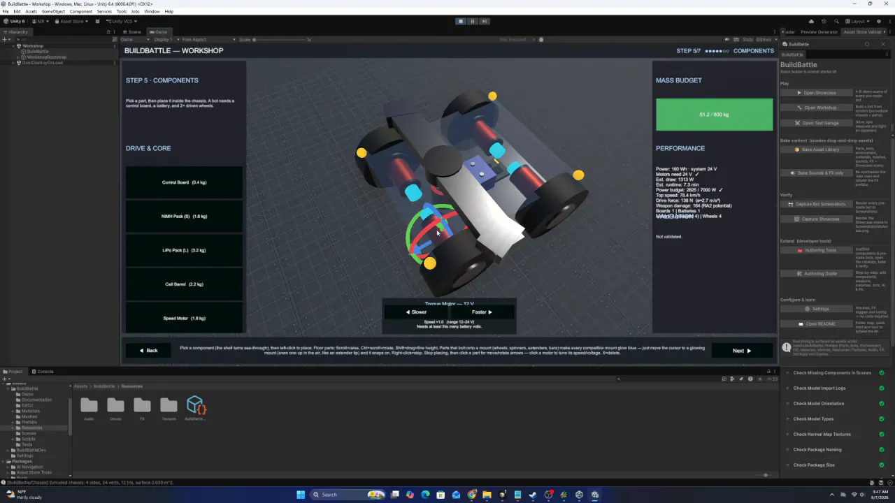 Unity editor, BuildBattle Workshop step 5 (Components): placing motors, a battery and wheels inside a see-through chassis