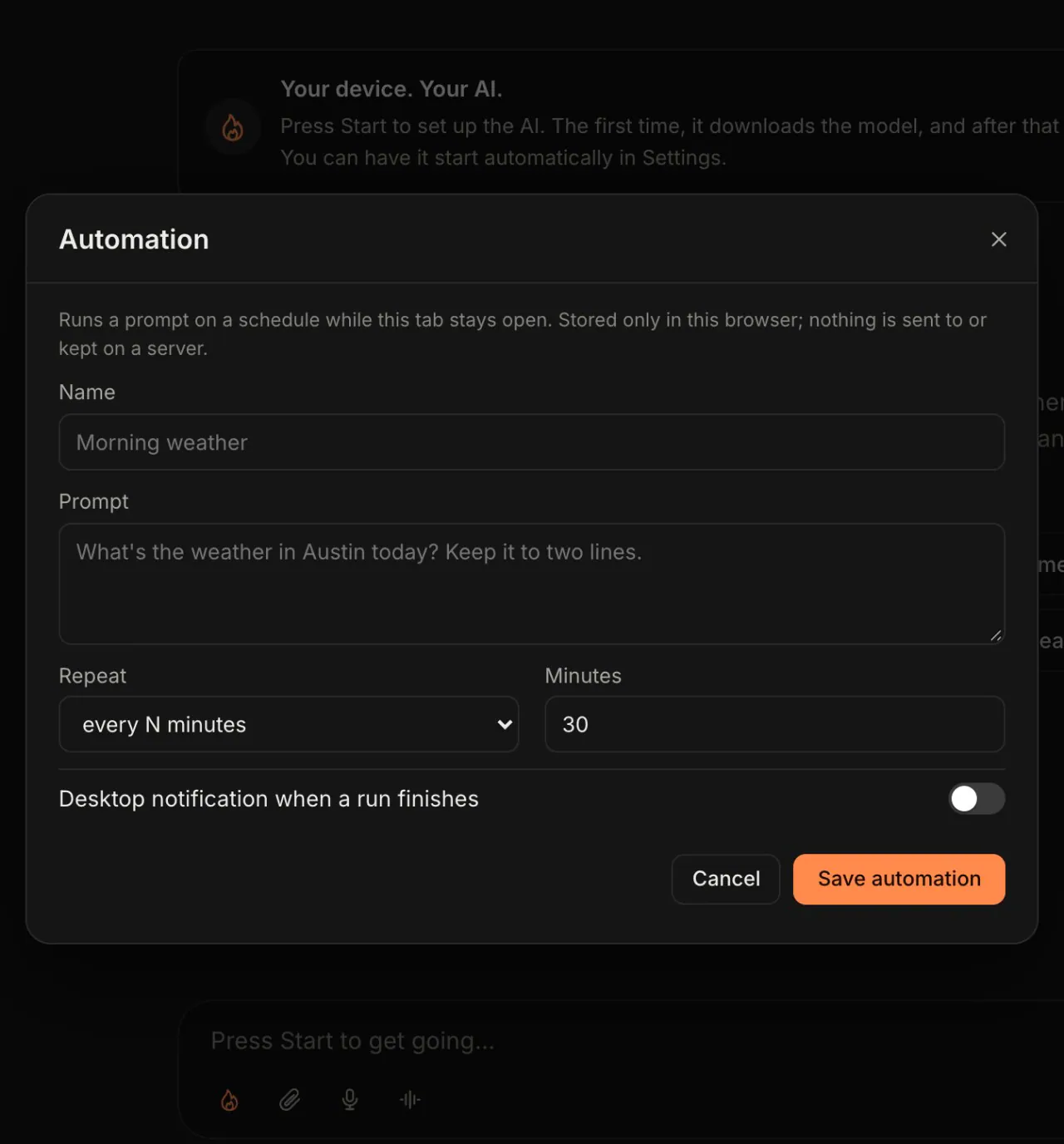 FreeSpark Automation dialog with name, prompt, a repeat choice of every N minutes, a minutes field and a desktop-notification switch