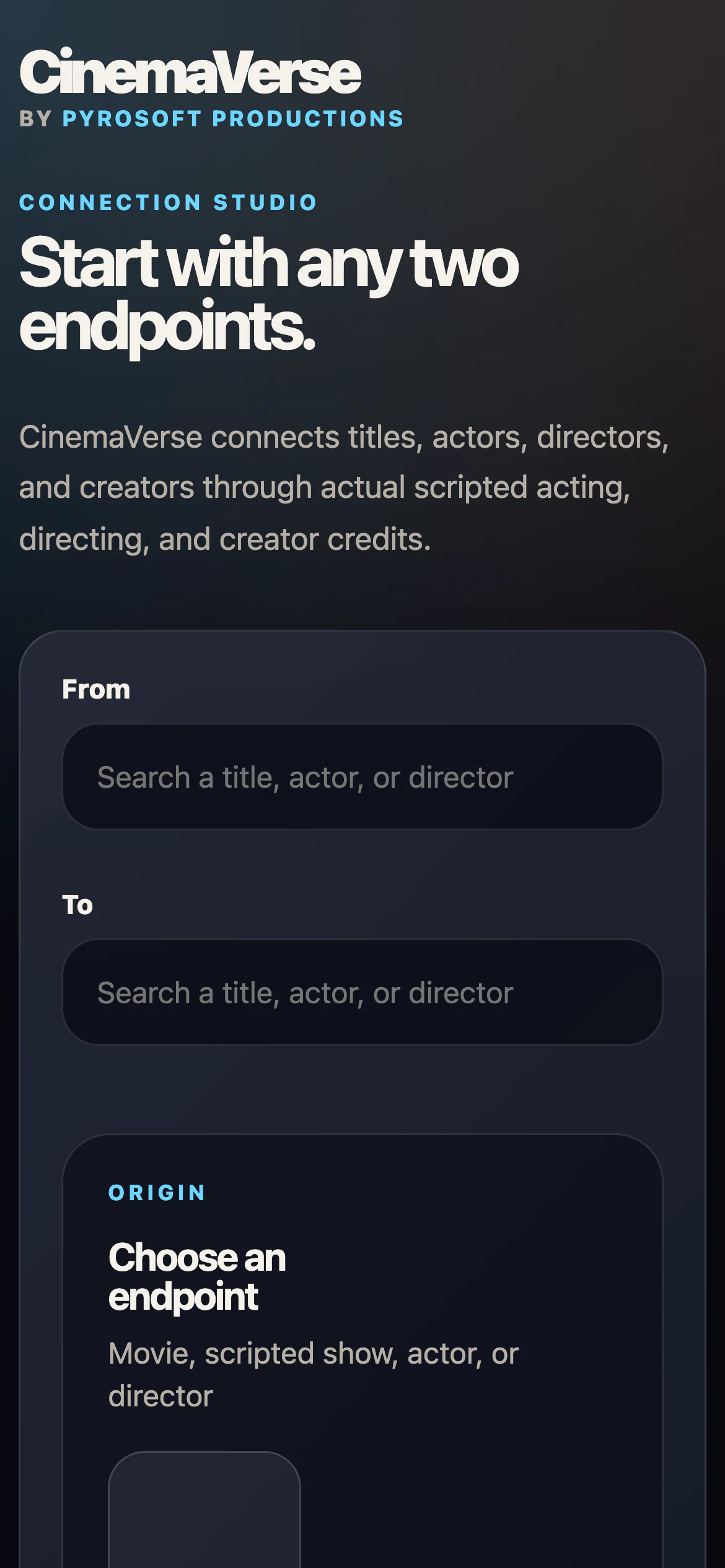 CinemaVerse on a phone-width screen with the From and To fields