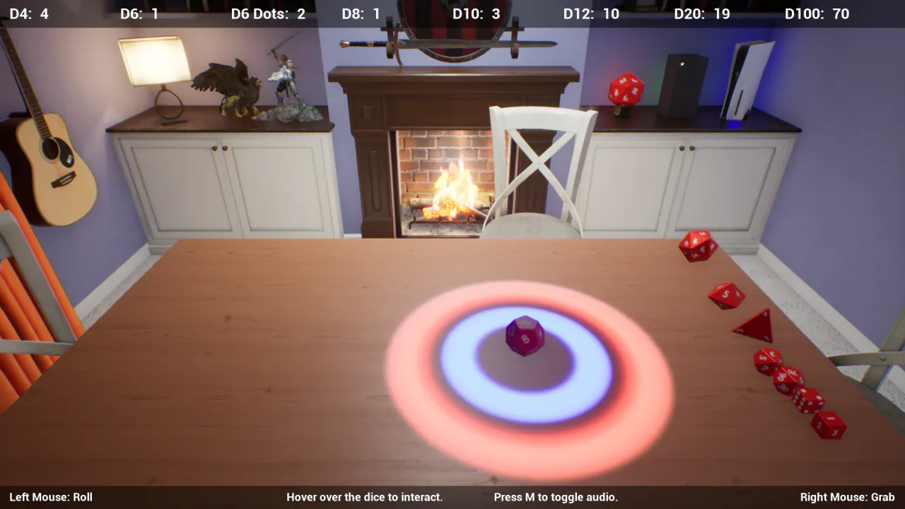 Red 3D dice on a wooden table in a room with a fireplace, with roll results along the top