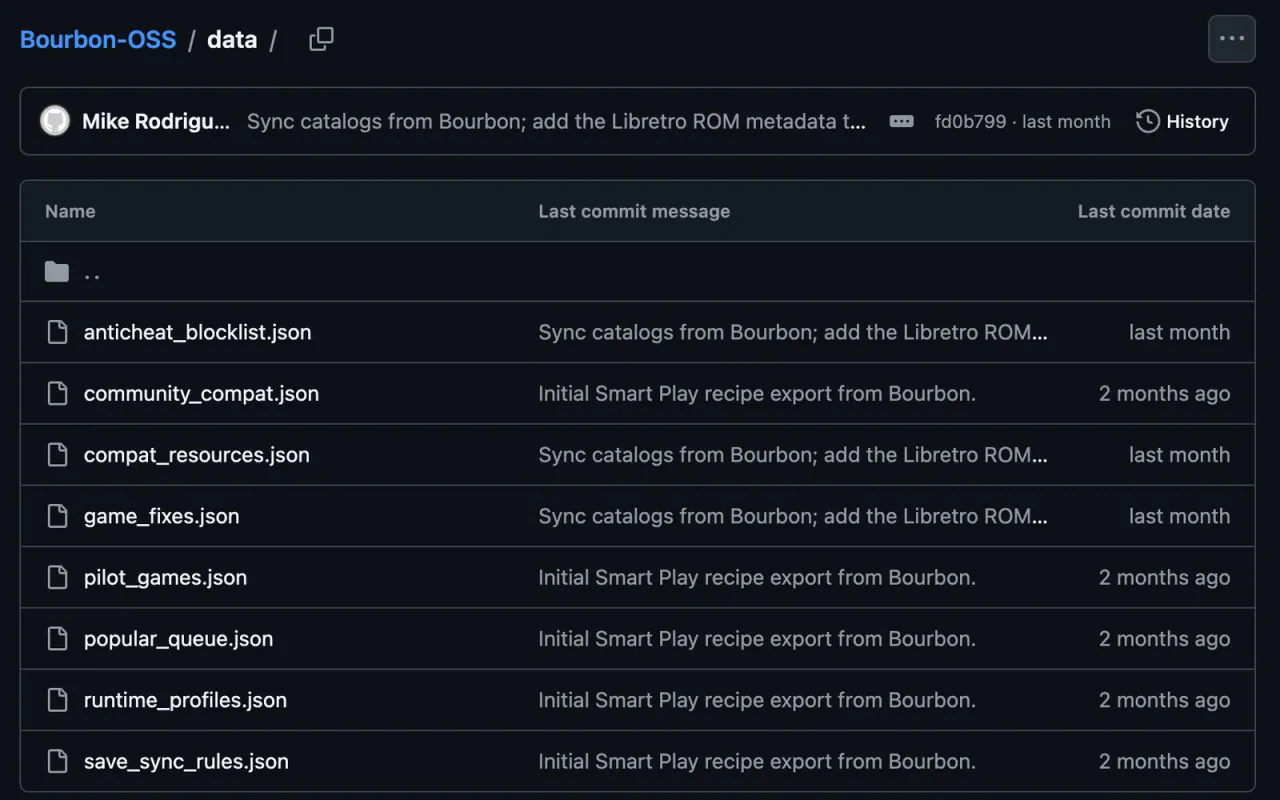 The data folder on GitHub with eight JSON catalogs, from anticheat_blocklist.json to save_sync_rules.json