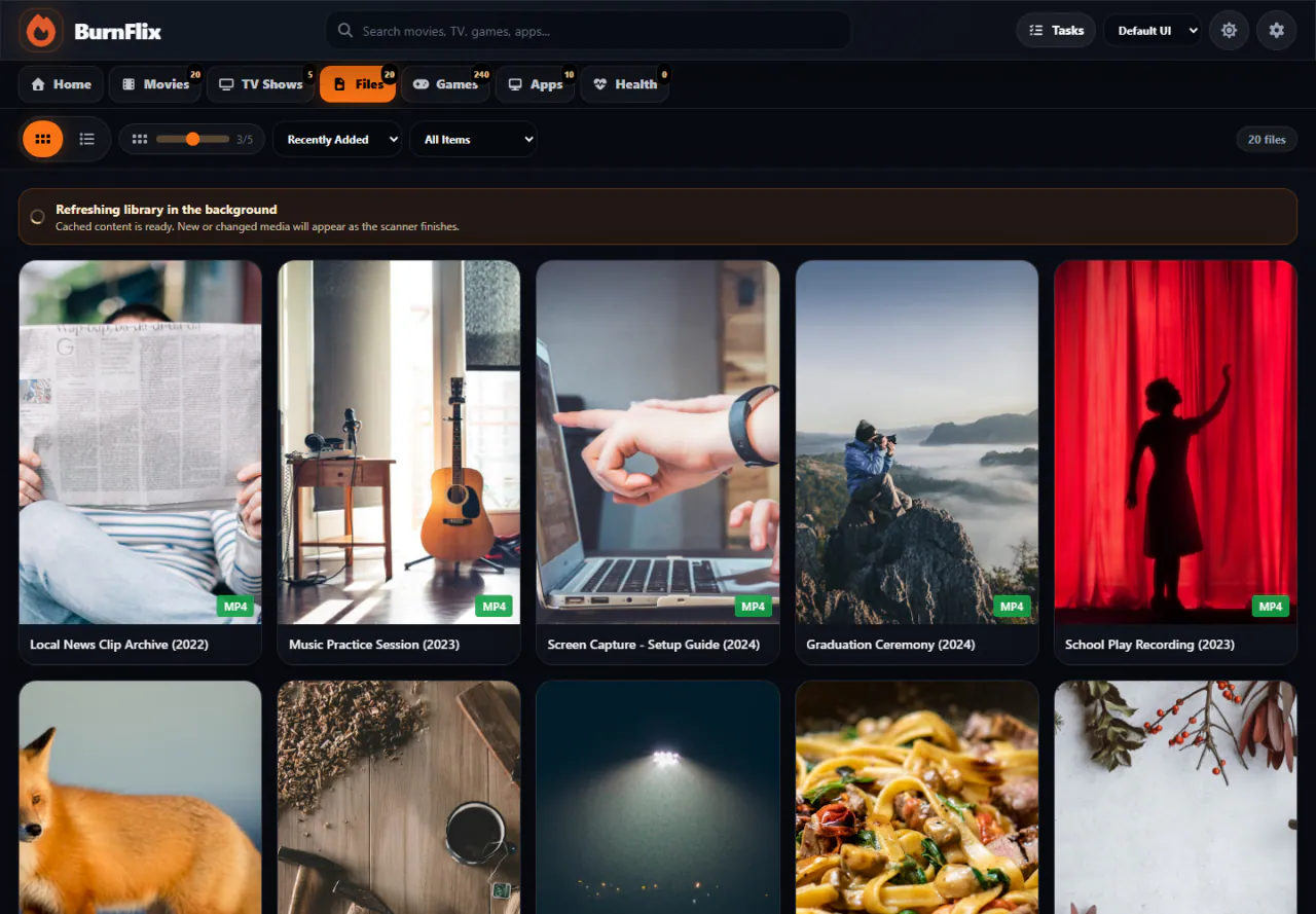 BurnFlix Files section, shown with a sample library (stock-style thumbnails, generic titles)