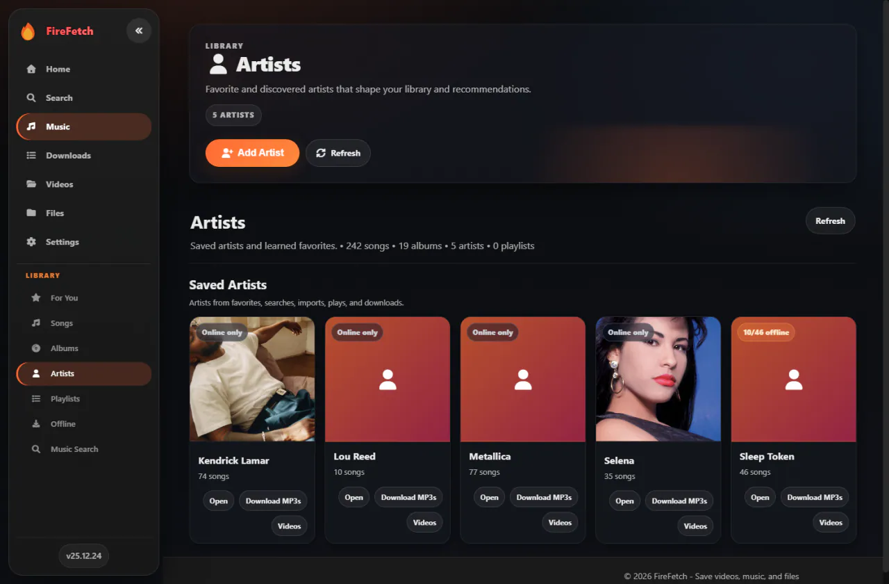 FireFetch artists page