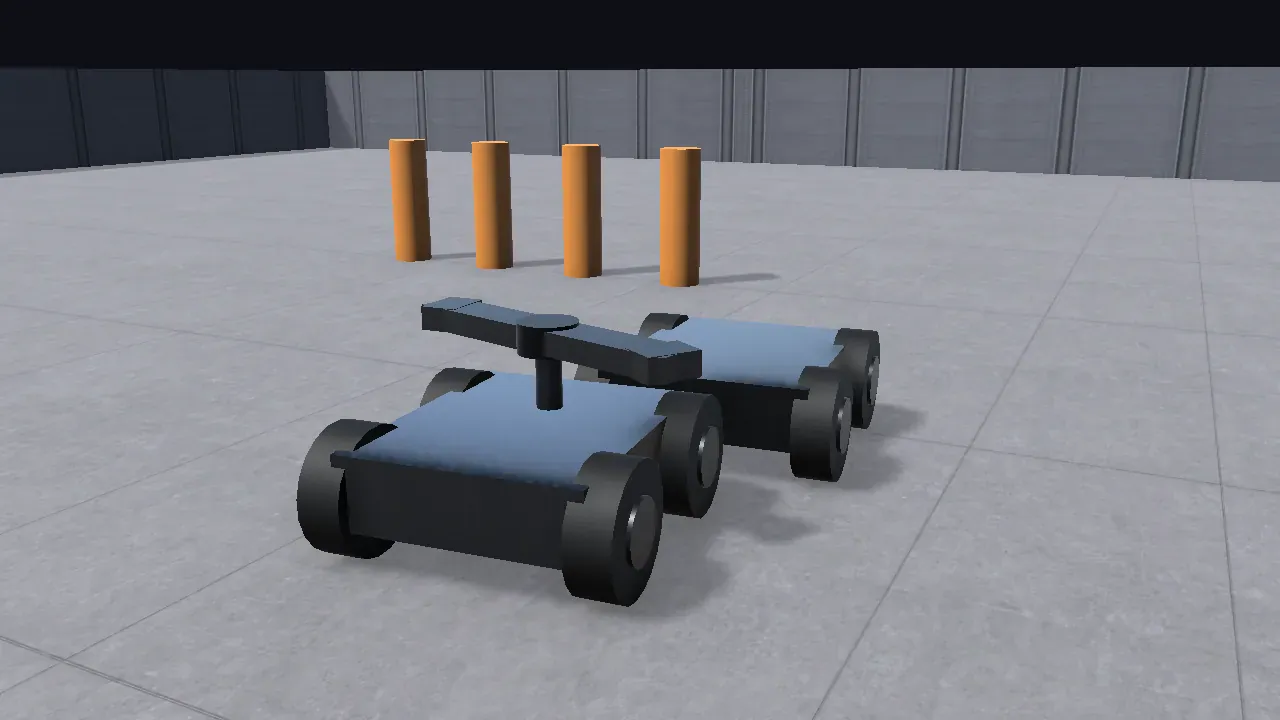 A bar-spinner robot closing on a rammer in a walled arena