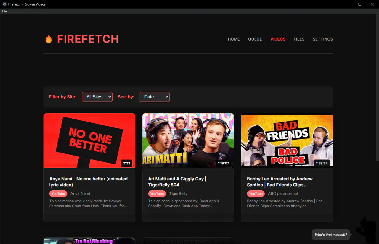 Earlier FireFetch Browse Videos page with site and date filters