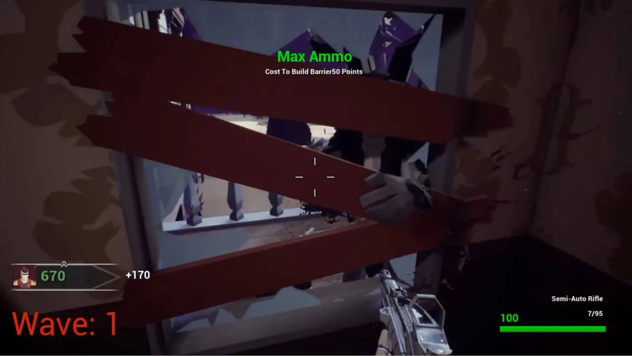 First-person view of a boarded-up window with a zombie's hand reaching through, wave 1