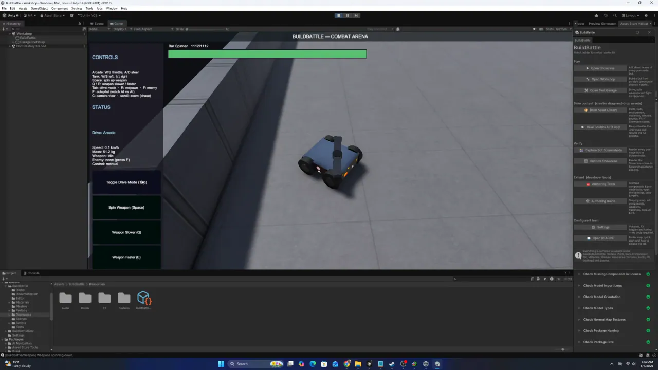 Unity editor, BuildBattle Combat Arena: a small wheeled bot beside the arena wall, with the controls and status panel