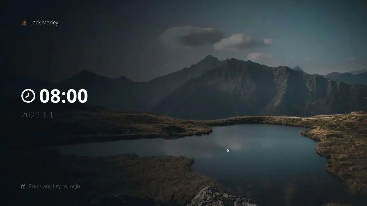 Lock screen with a mountain-lake wallpaper and Press any key to login