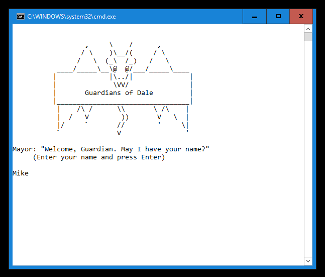 Command-prompt title screen with an ASCII-art dragon and the Guardians of Dale banner