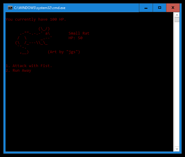Text combat screen against an ASCII-art Small Rat