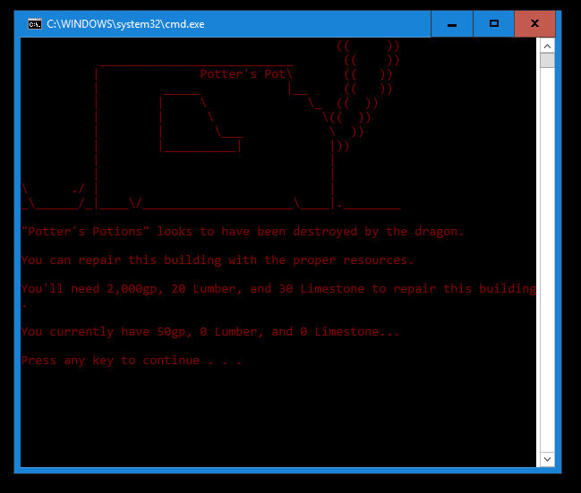 Text screen for repairing Potter's Potions with gold, lumber and limestone
