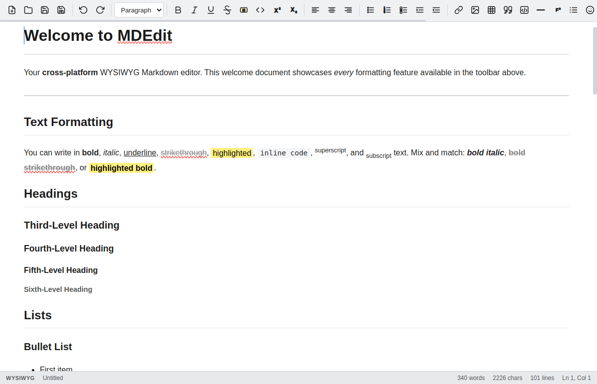 MDEdit editor with a formatting toolbar and a welcome document