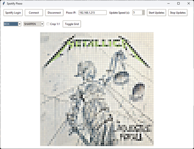 Spotify Pixoo window with connection settings and a 64 by 64 album-art preview