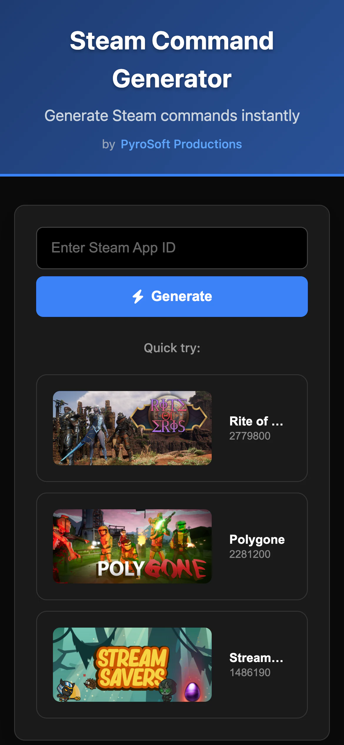 Steam Command Generator on a phone-width screen