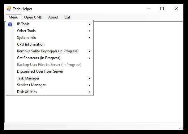 Tech Helper GUI with its menu of IT tools open