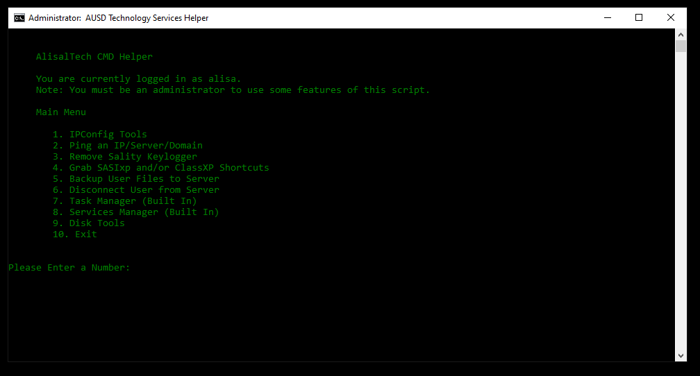 Tech Helper command-line menu with 10 options