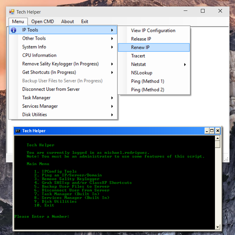 Tech Helper GUI IP Tools submenu above the command-line menu