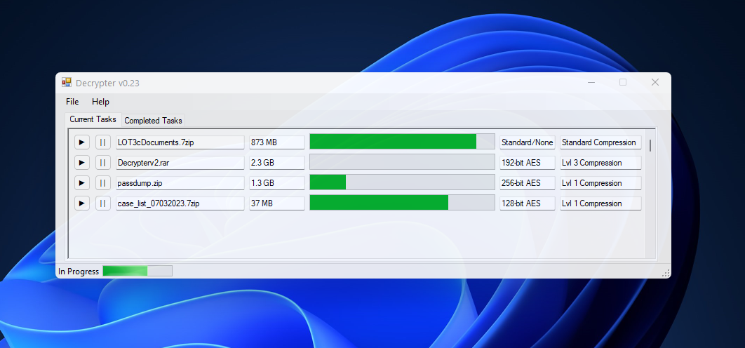 Decrypter app with progress bars for encrypted archives