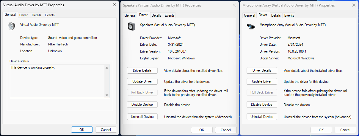 Three Device Manager property sheets for the Virtual Audio Driver devices