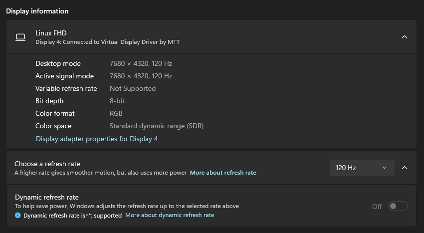 Windows display information showing a virtual display at 7680 by 4320 and 120 Hz