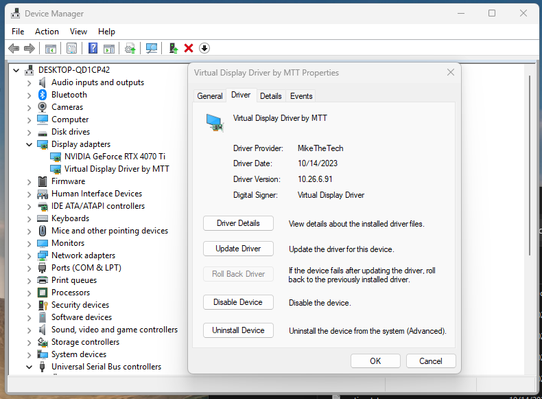 Device Manager listing Virtual Display Driver by MTT under Display adapters