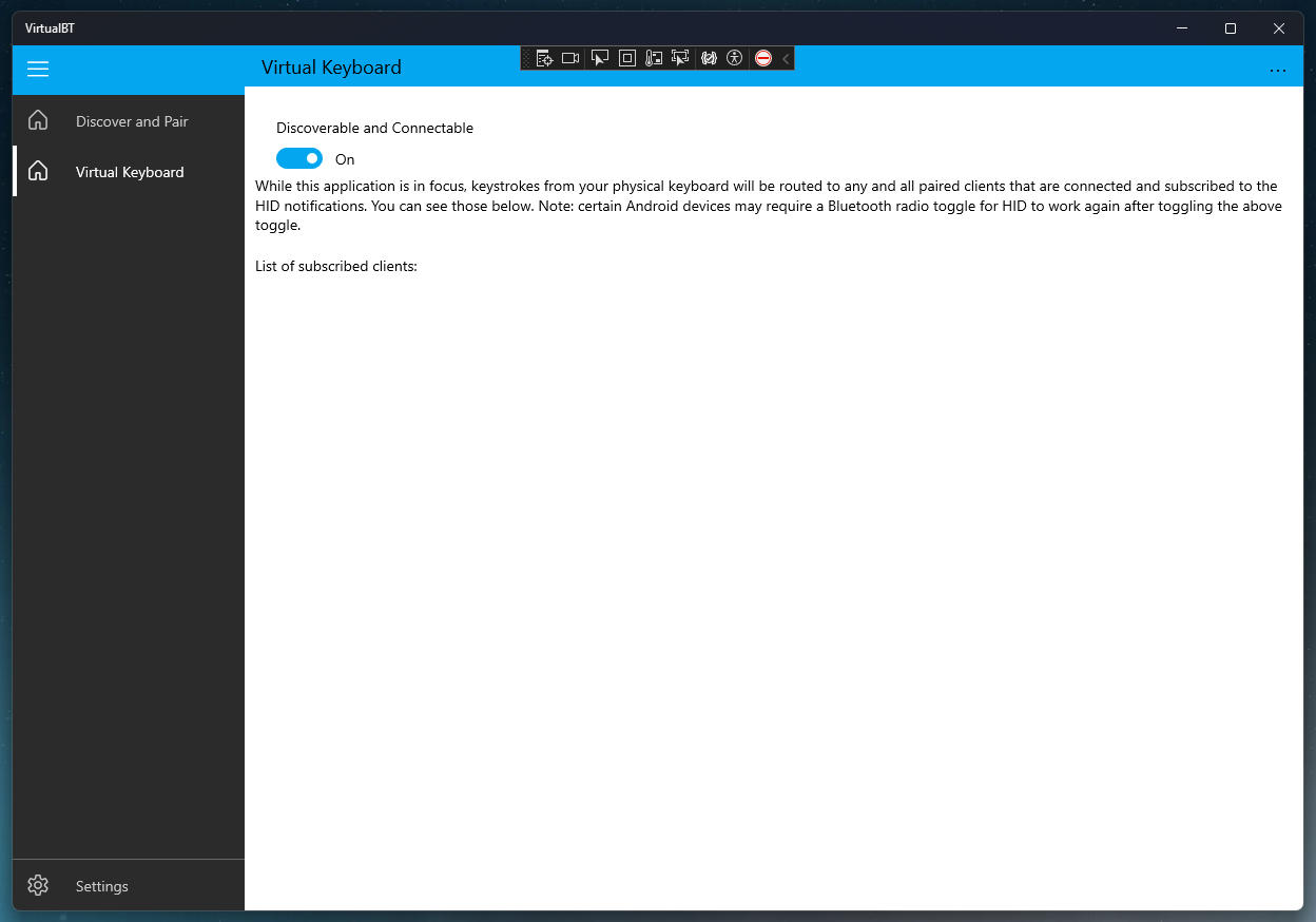 VirtualBT Virtual Keyboard page with a Discoverable switch and a clients list