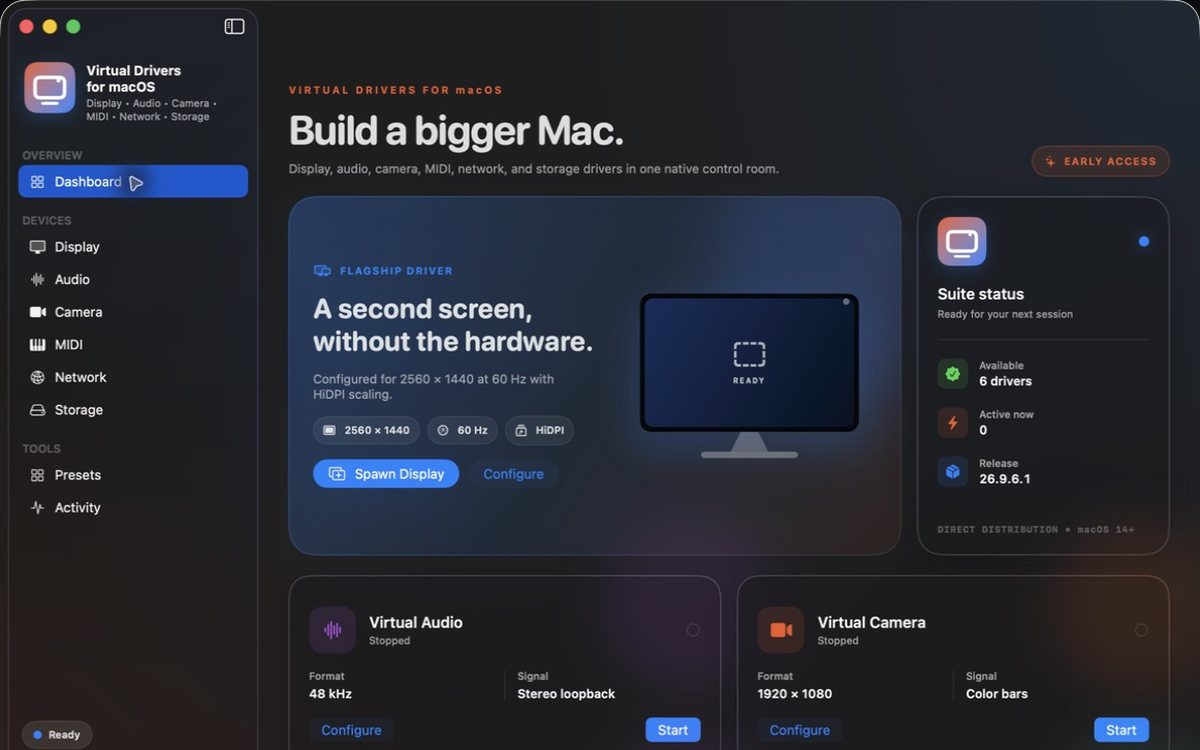 The Virtual Drivers for macOS dashboard: display, audio, camera, MIDI, network and storage drivers in one native Mac app